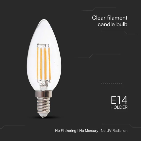 V-TAC 6W E14 meleg fehér filament C35 gyertya LED égő, 130 Lm/W - SKU 212848