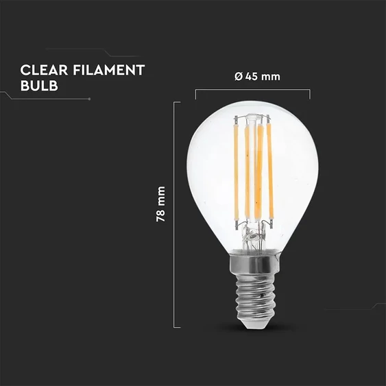 V-TAC 6W E14 meleg fehér filament P45 LED égő, 130 Lm/W - SKU 2854