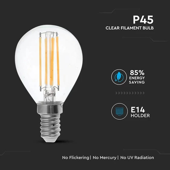 V-TAC 6W E14 meleg fehér filament P45 LED égő, 130 Lm/W - SKU 2854