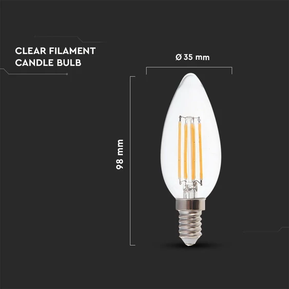 V-TAC 6W E14 természetes fehér filament C35 LED gyertya égő, 100 Lm/W - SKU 217424