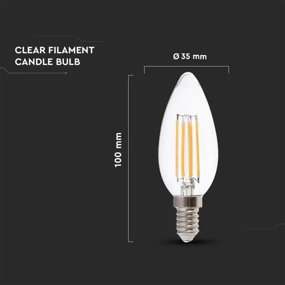 V-TAC 6W E14 természetes fehér filament LED gyertya égő - SKU 7424