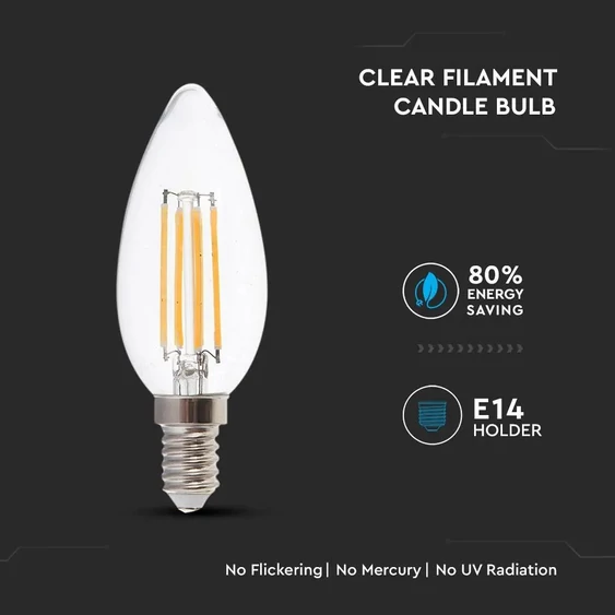 V-TAC 6W E14 természetes fehér filament LED gyertya égő - SKU 7424