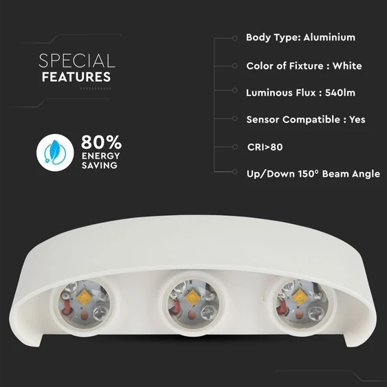 V-TAC 6W kültéri fehér fali LED lámpa természetes fehér - SKU 8614
