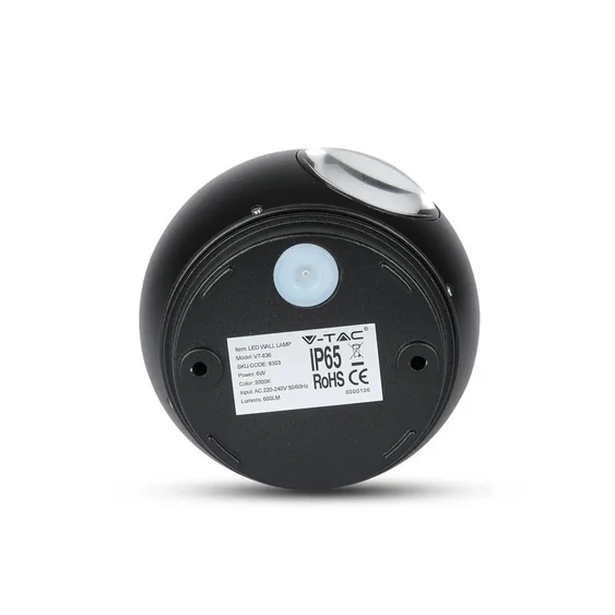 V-TAC 6W kültéri, fekete, fali LED lámpa meleg fehér - SKU 8303