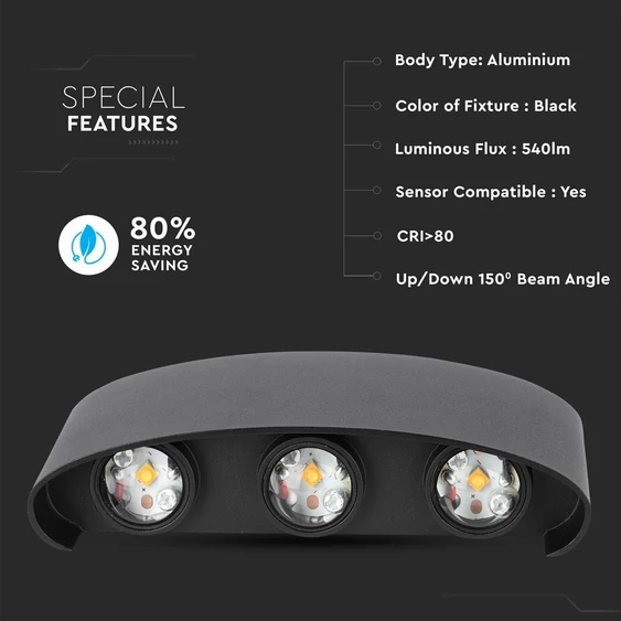 V-TAC 5W kültéri fekete fali LED lámpa természetes fehér, 125 Lm/W - SKU 218616