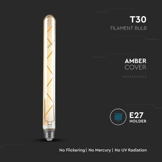V-TAC 7W borostyán E27 filament T30 LED égő, 2200K, 100 Lm/W - SKU 217144