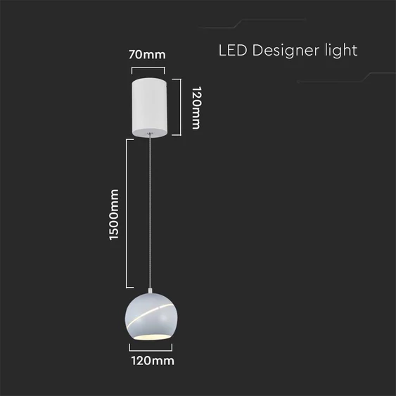 V-TAC 8.5W gömbcsillár díszcsíkkal, 120°, fehér házzal, meleg fehér, 100 Lm/W - SKU 7999
