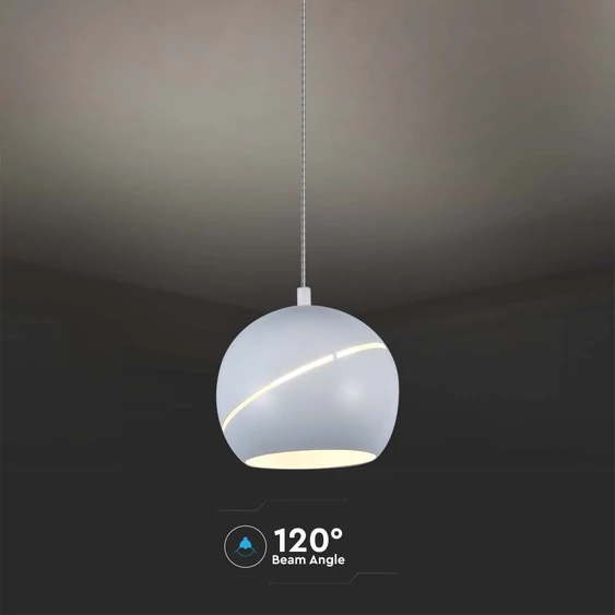 V-TAC 8.5W gömbcsillár díszcsíkkal, 120°, fehér házzal, meleg fehér, 100 Lm/W - SKU 7999