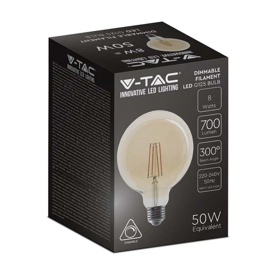 V-TAC 8W borostyán E27 dimmelhető filament G125 LED égő, 2200K - SKU 217155