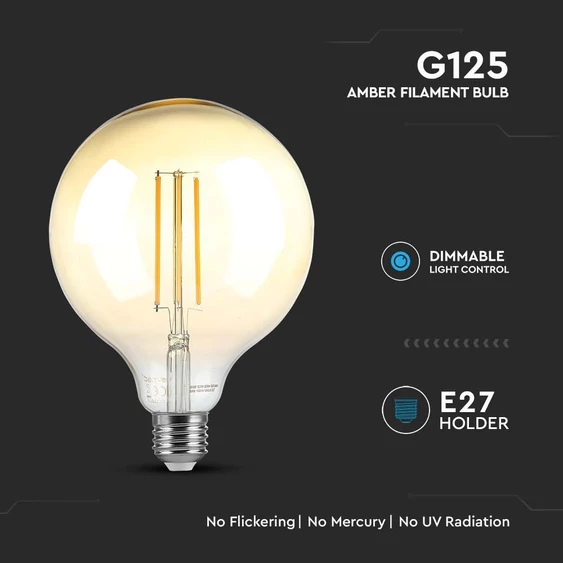 V-TAC 8W borostyán E27 dimmelhető filament G125 LED égő, 2200K - SKU 217155
