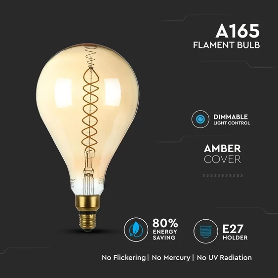 V-TAC 8W borostyán E27 meleg fehér dimmelhető filament LED égő - SKU 7461