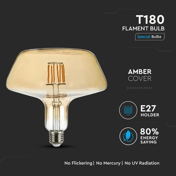 V-TAC 8W borostyán E27 meleg fehér filament LED égő - SKU 2790