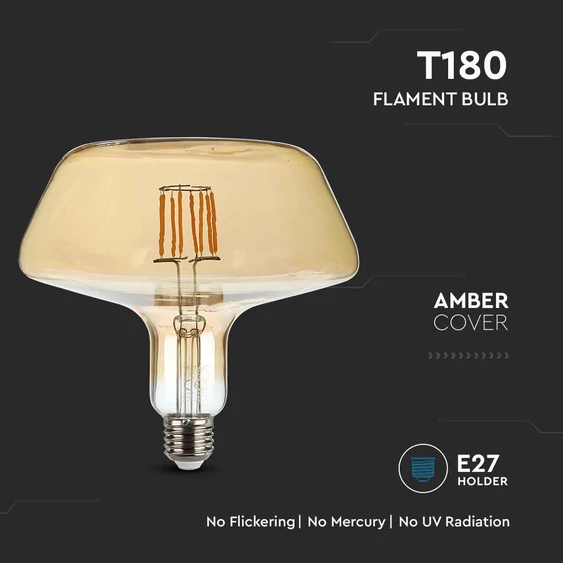 V-TAC 8W borostyán E27 filament T180 LED égő, 1800K - SKU 212790