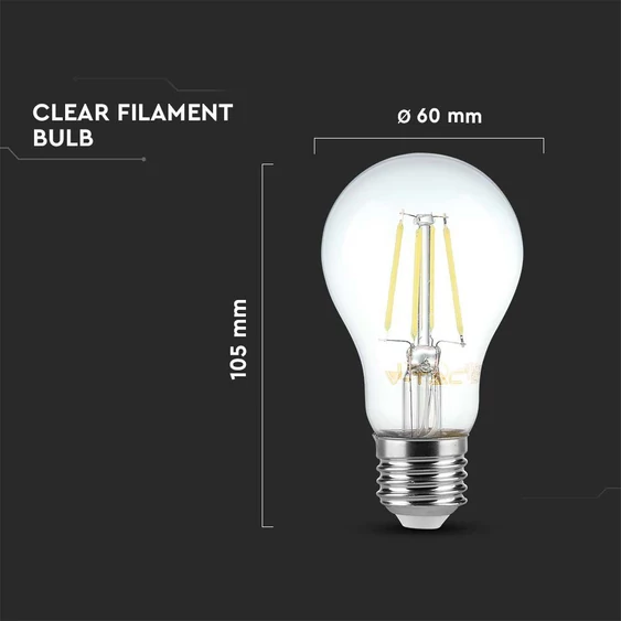 V-TAC 8W E27 meleg fehér dimmelhető filament A60 LED égő - SKU 212815