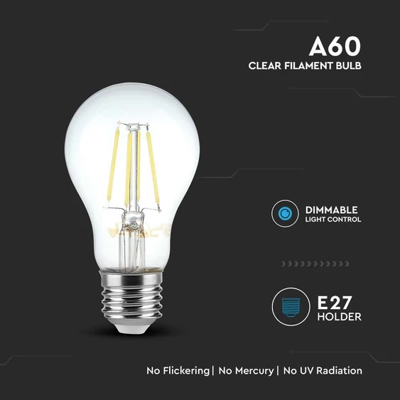 V-TAC 8W E27 meleg fehér dimmelhető filament A60 LED égő - SKU 212815