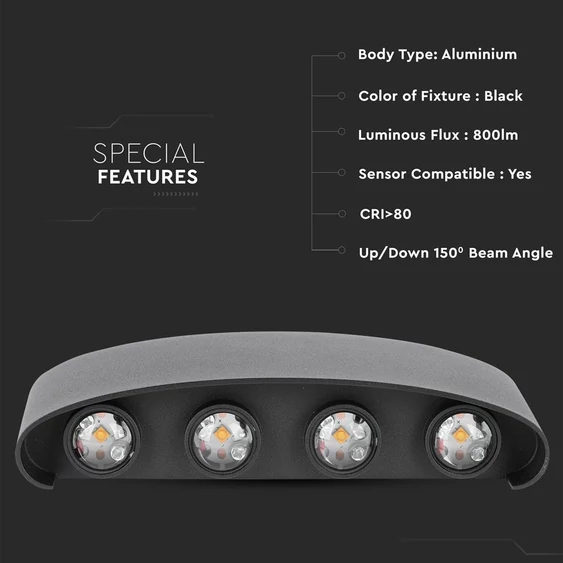 V-TAC 8W kültéri fekete fali LED lámpa meleg fehér - SKU 8619