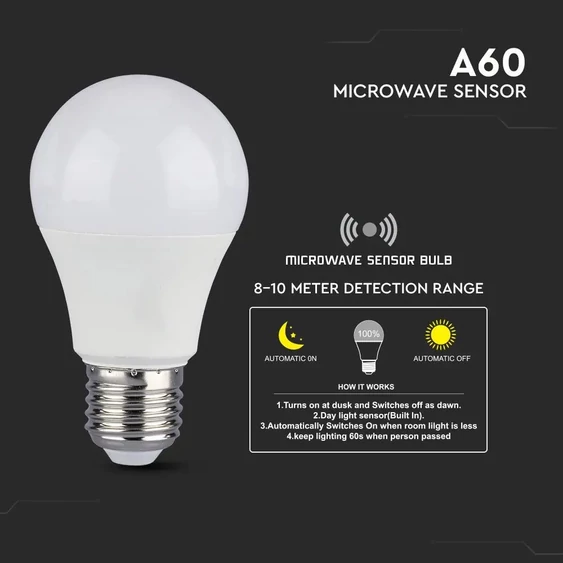 V-TAC 9W E27 meleg fehér mozgásérzékelős alkonykapcsolós LED égő - SKU 2760