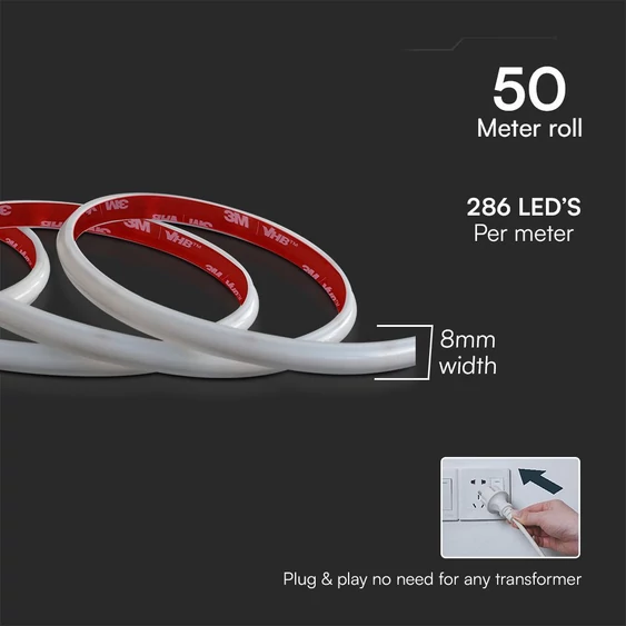 V-TAC 230V AC LED szalag IP65 SMD 2025 chip 286 db/m meleg fehér, 50m/tekercs - SKU 23721