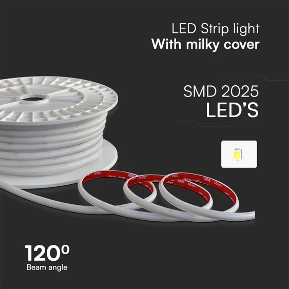 V-TAC 230V AC LED szalag IP65 SMD 2025 chip 286 db/m meleg fehér, 50m/tekercs - SKU 23721