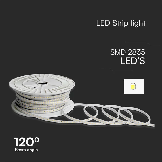 V-TAC 230V AC LED szalag IP65 SMD 2835 chip 120 db/m piros színű, 50m/tekercs - SKU 23730
