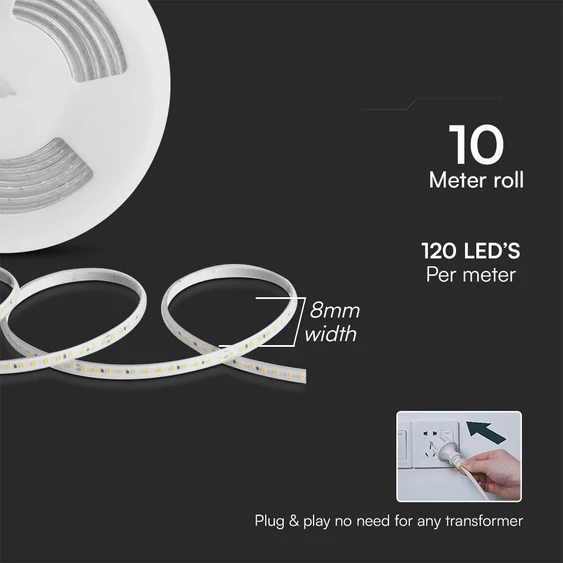 V-TAC 230V AC LED szalag IP65 SMD 2835 chip 120 db/m természetes fehér, 10m/tekercs - SKU 23728