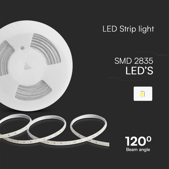 V-TAC 230V AC LED szalag IP65 SMD 2835 chip 120 db/m természetes fehér, 10m/tekercs - SKU 23728