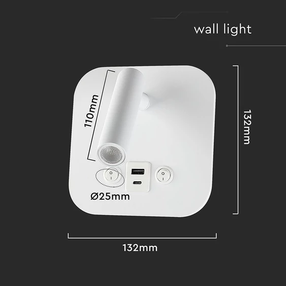 V-TAC ágy fölé való fali 8W CREE LED lámpa USB töltővel, meleg fehér, fehér ház - SKU 240026