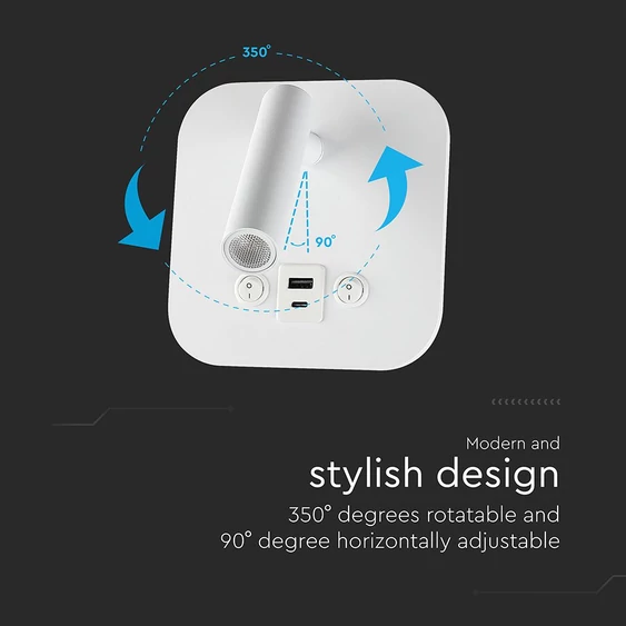 V-TAC ágy fölé való fali 8W CREE LED lámpa USB töltővel, meleg fehér, fehér ház - SKU 240026
