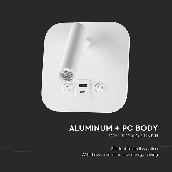 V-TAC ágy fölé való fali 8W CREE LED lámpa USB töltővel, meleg fehér, fehér ház - SKU 240026