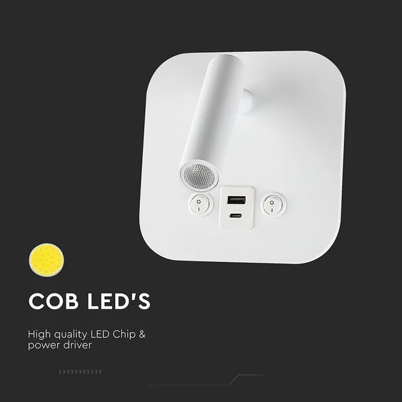 V-TAC ágy fölé való fali 8W CREE LED lámpa USB töltővel, meleg fehér, fehér ház - SKU 240026