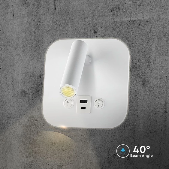 V-TAC ágy fölé való fali 8W CREE LED lámpa USB töltővel, meleg fehér, fehér ház - SKU 240026