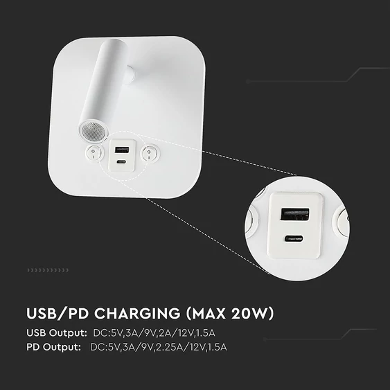 V-TAC ágy fölé való fali 8W CREE LED lámpa USB töltővel, meleg fehér, fehér ház - SKU 240026