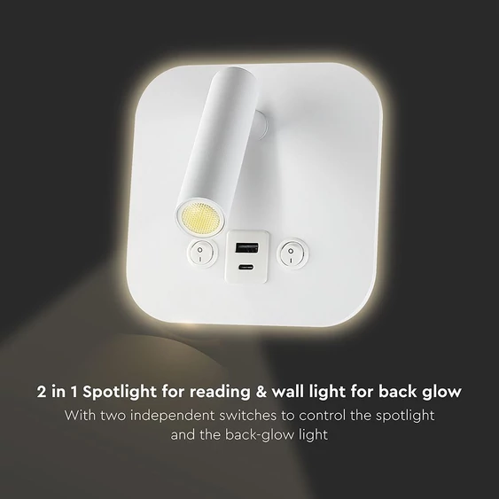 V-TAC ágy fölé való fali 8W CREE LED lámpa USB töltővel, meleg fehér, fehér ház - SKU 240026