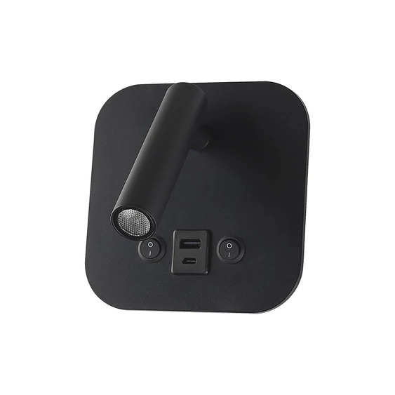V-TAC ágy fölé való fali 8W CREE LED lámpa USB töltővel, meleg fehér, fekete ház - SKU 240036