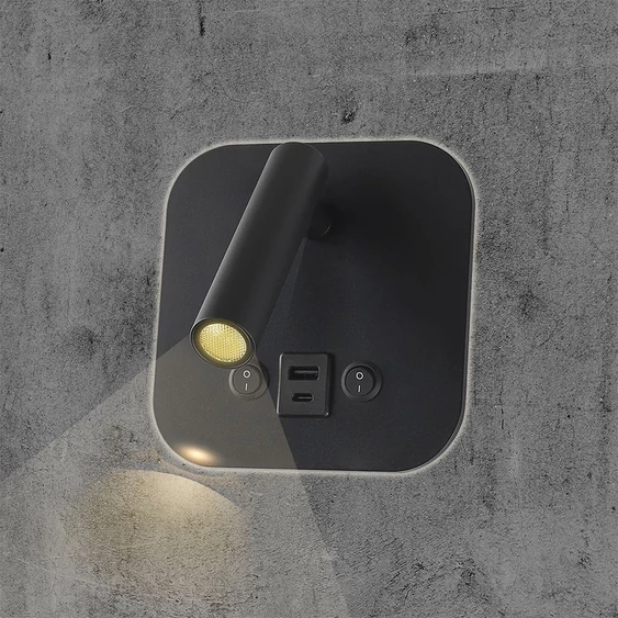V-TAC ágy fölé való fali 8W CREE LED lámpa USB töltővel, meleg fehér, fekete ház - SKU 240036