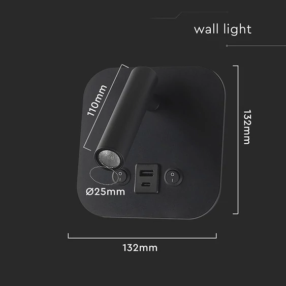 V-TAC ágy fölé való fali 8W CREE LED lámpa USB töltővel, meleg fehér, fekete ház - SKU 240036