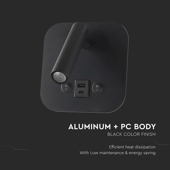 V-TAC ágy fölé való fali 8W CREE LED lámpa USB töltővel, meleg fehér, fekete ház - SKU 240036