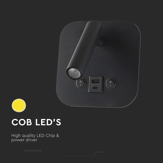 V-TAC ágy fölé való fali 8W CREE LED lámpa USB töltővel, meleg fehér, fekete ház - SKU 240036