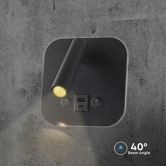 V-TAC ágy fölé való fali 8W CREE LED lámpa USB töltővel, meleg fehér, fekete ház - SKU 240036