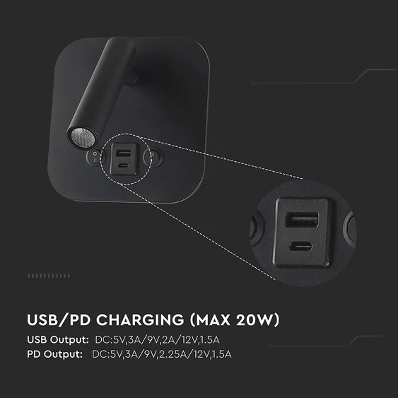V-TAC ágy fölé való fali 8W CREE LED lámpa USB töltővel, meleg fehér, fekete ház - SKU 240036