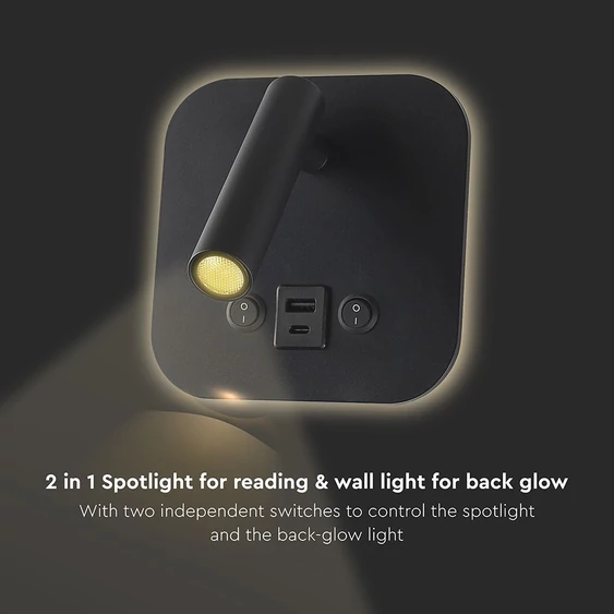 V-TAC ágy fölé való fali 8W CREE LED lámpa USB töltővel, meleg fehér, fekete ház - SKU 240036