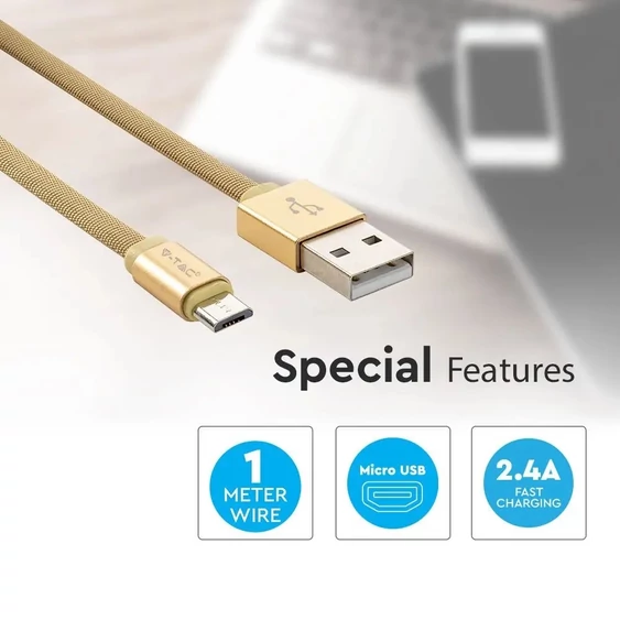 V-TAC arany, USB - Micro USB 1m hálózati kábel - SKU 8495