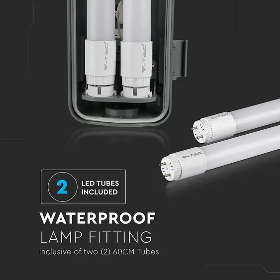 V-TAC armatúra 2 db LED fénycsővel 60cm 20W IP65 hideg fehér - SKU 6466