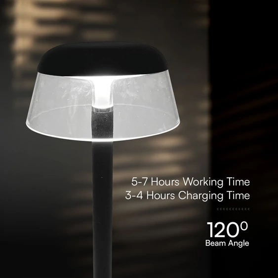 V-TAC asztali akkus lámpa, fekete házzal, akril búrával, CCT, 130x285mm - SKU 23685