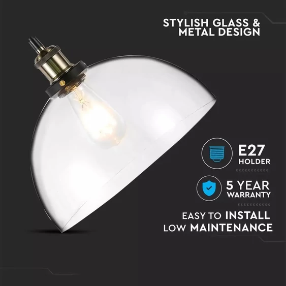 V-TAC átlátszó üveg csillár, függeszték E27 foglalattal, O200mm - SKU 37372