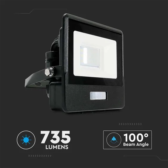 V-TAC beépített mozgásérzékelős LED reflektor 10W meleg fehér, fekete házzal - SKU 20256