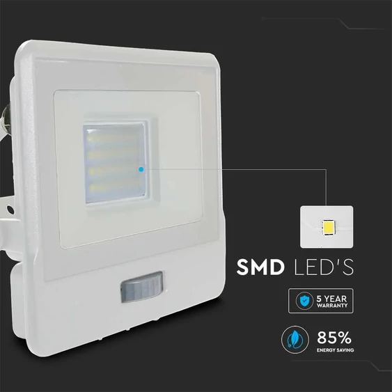 V-TAC beépített mozgásérzékelős LED reflektor 20W természetes fehér, fehér házzal - SKU 20296