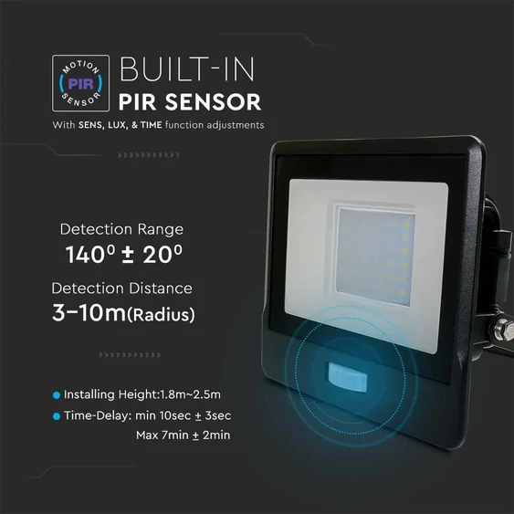 30W LED PIR Sensor Floodlight SAMSUNG CHIP Black Body 3000K