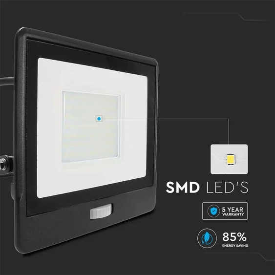 V-TAC beépített mozgásérzékelős LED reflektor 50W hideg fehér, fekete házzal - SKU 20291