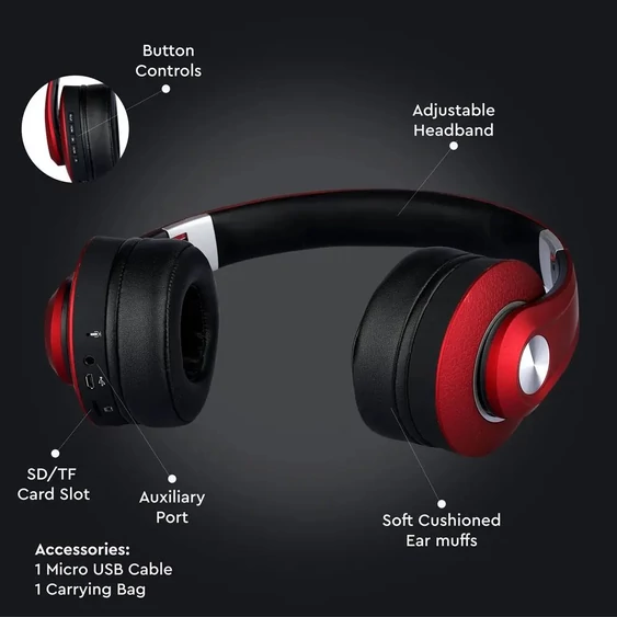 Bluetooth Wireless Headphone With Adjustable Head 500mAh Red W/BAG